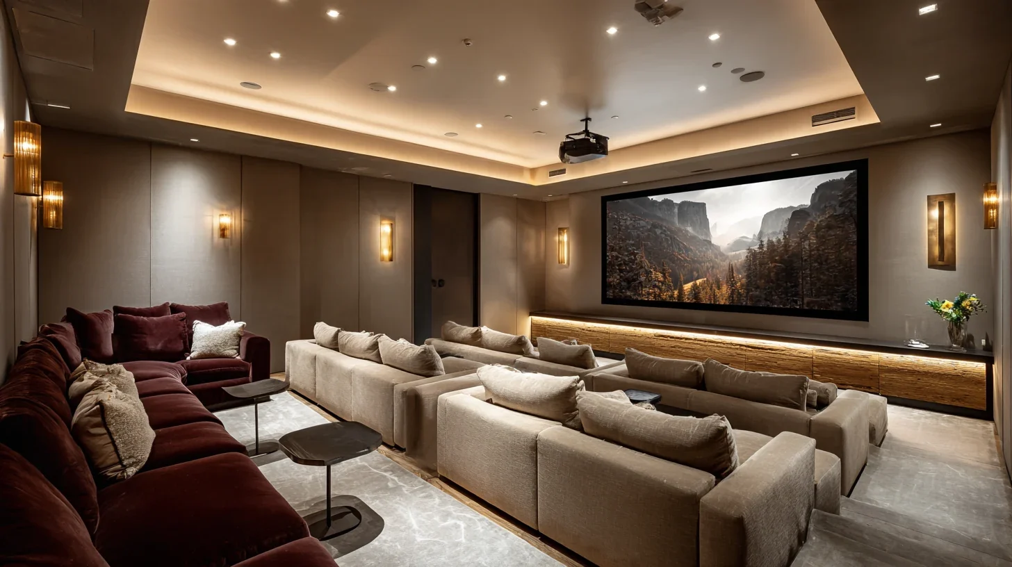 Screening room concept with cream sofas, burgundy lounge seating, a large projection screen, and warm lighting